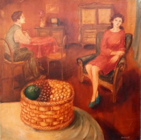 Mimmo Andriuoli "interno con frutta" olio su tela cm 50x50