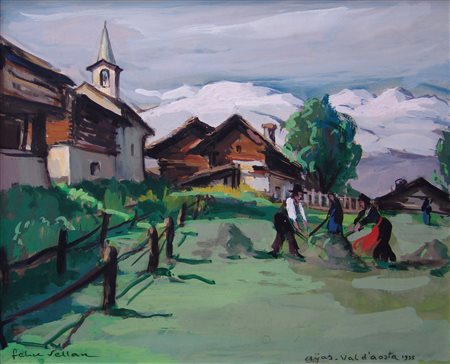 Felice Vellan "Ayas - Valle d'Aosta" 1955 Tecnica mista su cartone cm40x50...