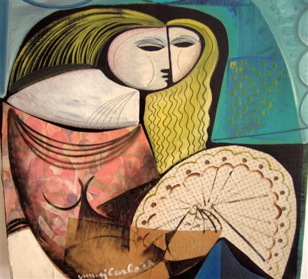 Vittorio Maria Di Carlo "Figura con ventaglio" 2009 olio e collage su tela cm...