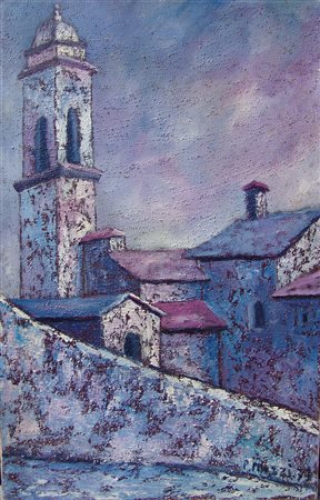 Piero Mazzi "Case blu" 2003 tecnica mista su tela cm 60x40 Prov. Galleria...