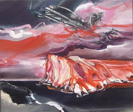 Sergio Scanu "Apparizione nel cielo" 1984 olio su carta-tavola cm 35x50 Prov....
