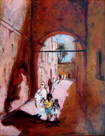 Gianni Sesia della Merla "Città araba" olio e smalti su tavola cm. 50x35...