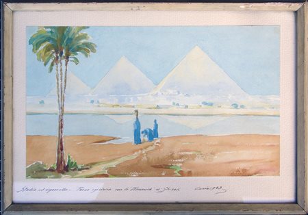 Anonimo "Paesaggio egiziano con le piramidi di Ghiseh" 1933 acquerello su...