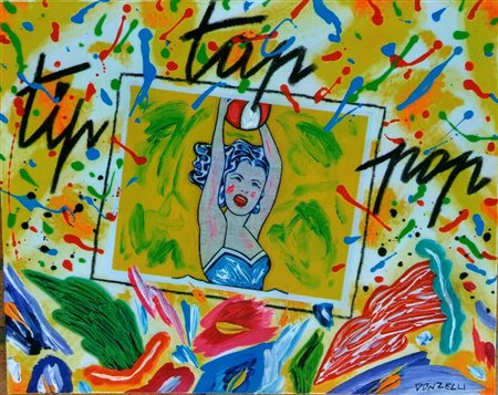 Bruno Donzelli "Tip, tap, pop" olio, acrilici e smalti su tela cm 40x50 Firma...