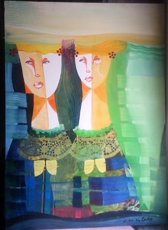 Vittorio Maria Di Carlo "Le sorelle" olio su tela cm 50x70 Autentica e...