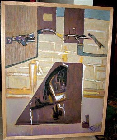 Francesco De Ferrante "Interno cubista" anni '70 olio su tela cm 56x72 Prov....