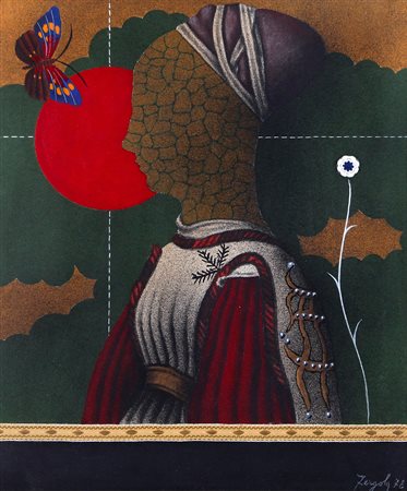 Sergio Fergola "Figura nel paesaggio" 1978 acrilici e collage su tela cm...