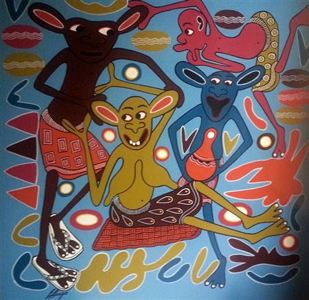 George Lilanga "Villaggio Africano" smalti su masonite cm 61x61 Certificato...