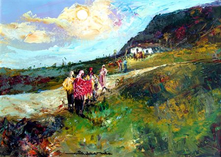 Gianni Sesia della Merla "Campo nomadi" anni '90 olio e smalti su tavola cm...