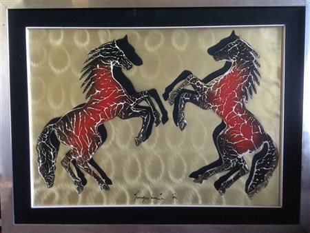 Sage Vernis "Cavalli" 1974 smalti su lamiera cm 50x70 firma e data in basso...