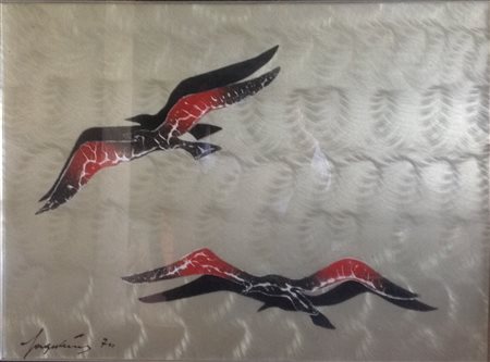 Sage Vernis "Gabbiani" 1974 smalti su lamiera cm 60x80 firma e data in basso...