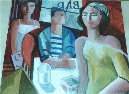 Frederic Schwentzel "Bistrot Marseille" 2014 olio su tela cm 46x55 firma in...