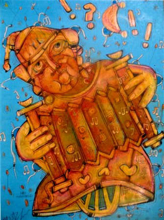 Martin Delego "Suonatore di fisarmonica" 2014 acrilico su tela cm 70x50...