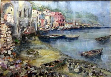 Augusto Ferrara "Porticciolo" olio e acrilico su tela cm 70x100 Autentica su...