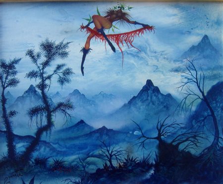 Antonio Cannata "Paesaggio fantastico" olio e smalti su tavola cm 25x35...