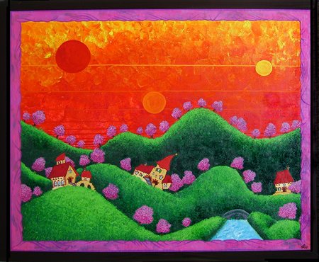 Sara Scalco "Tramonto a tre soli" tempera grassa su tela cm 50x60 certificato...