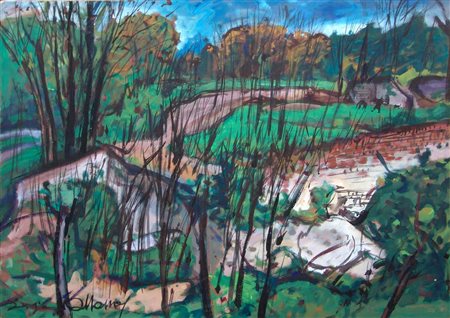 Sergio Albano "Paesaggio campestre" acrilici su tela cm 45x62 Certificato...