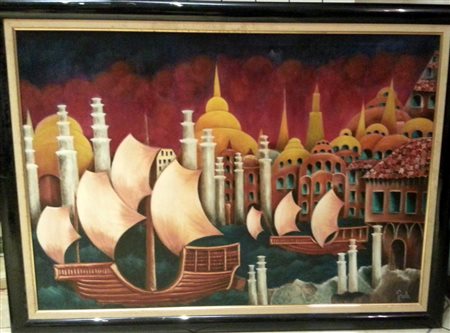 Grola - ? "Porto Orientale" olio su tela cm 70x100 firma poco decifrabile in...