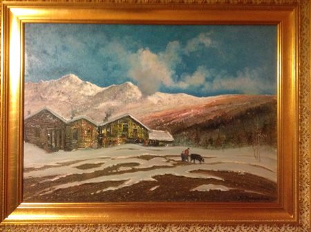 Sergio Manfredi "Casolare con paesaggio" olio su tavola cm 50x70 Autentica...