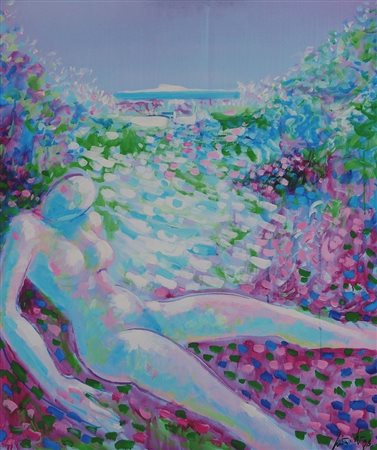 Cesare Peverelli "Arianna abbandonata" 1993 olio su telaTitolo, anno e firma...