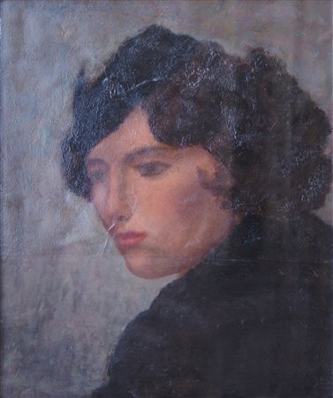 Enrico Allimandi "volto di donna " olio su tavola cm 42x39.Prov.Galleria...