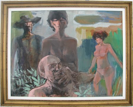 Giuseppe Motti ,"figure sul Po "1963 Olio su tavola cm 60x90.Certificato di...