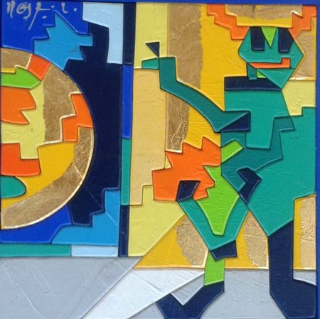 Ugo Nespolo "Logo Ikea" olio e inarsi su tavola" cm 18x24.Autentica e...