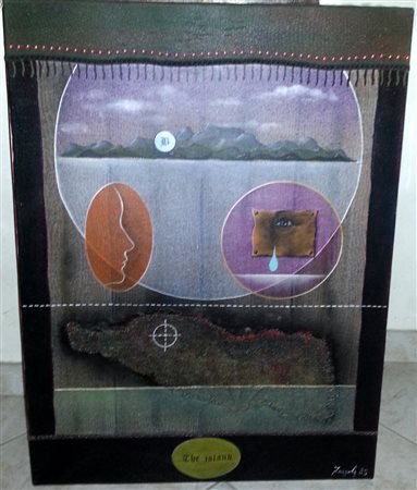 Sergio fergola.L'isola " olio e collage su tela cm 80x60 Autentica su foto...