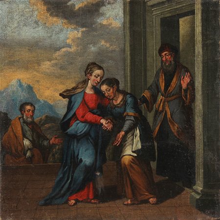 ARTISTA VENETO DEL XVII SECOLO L'incontro di Marta e Maria. Olio su tela . Cm...