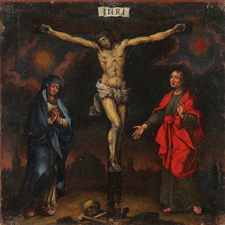 ARTISTA VENETO DEL XVII SECOLO Crocefissione. Olio su tela . Cm 39,50 x 39,50.