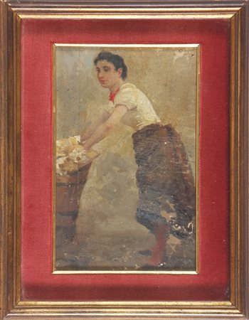 BIANCHI ARTURO (1856 - 1939) La lavandaia. Olio su tavoletta. Cm 12,00 x...