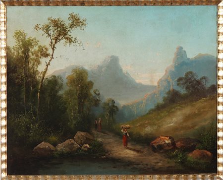PITTORE ITALIANO DEL XIX SECOLO Coppia di paesaggi con figure. Olio su tela ....