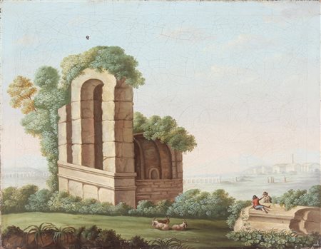 PHILIPP HACKERT Ambiente di. Paesaggio con personaggi. Olio su tela . Cm...