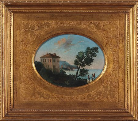 PITTORE ITALIANO DEL XVIII SECOLO Coppia di paesaggi del lago di Garda. Olio...