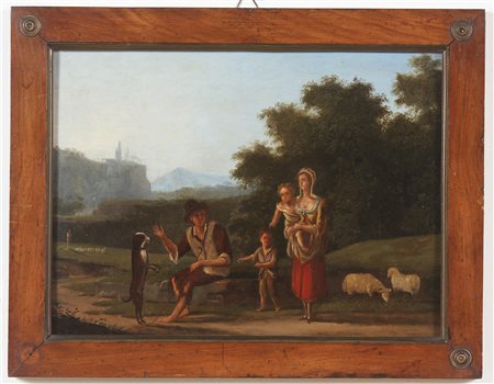 PITTORE DEL XIX SECOLO Pastore e famiglia. Olio su rame. Cm 34,00 x 25,00. ....