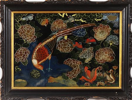 PITTORE CINESE DEL XIX SECOLO Coppia di uccelli esotici e fiori. Olio su...
