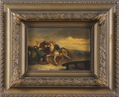 ARTISTA FRANCESE DEL XIX SECOLO Coppia di cavalli con personaggio. Olio su...