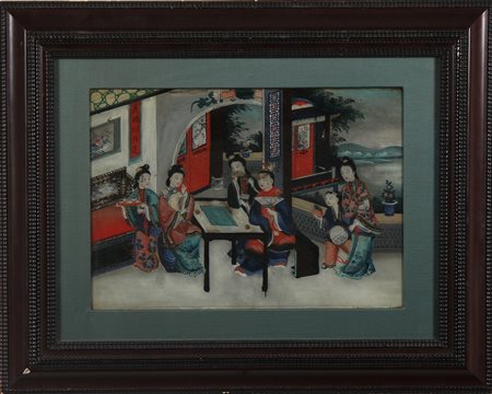 PITTORE CINESE DEL XIX SECOLO Scena d' interno. Olio su vetro. Cm 48,00 x...