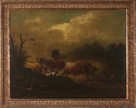 ARTISTA DEL XIX SECOLO Mandriano con tori. Olio su tela . Cm 111,00 x 85,00.