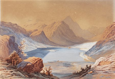 TARAMELLI TORQUATO (1845 - 1922) Lago alpino. 1874. Acquarello. Cm 25,00 x...