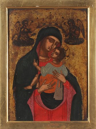 ARTISTA DEL XIX SECOLO Madonna con Bambino. Icona, olio su tavola. Cm 31,00 x...