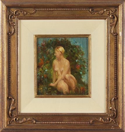 GROLLA OTTAVIO (1888 - 1923) Nudo in un paesaggio. Olio su tavola. Cm 21,00 x...