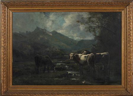 LEVIGNE THEODORE (1848 - 1912) Mucche in passeggiata. Olio su tela . Cm...