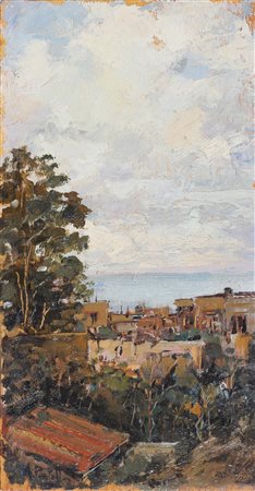 PRATELLA ATTILIO (1856 - 1949) Paesaggio. Olio su tavola. Cm 9,00 x 18,00....