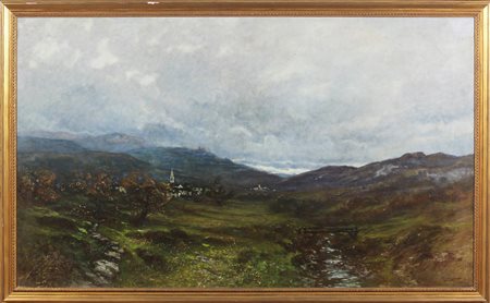 GIGNOUS LORENZO (1862 - 1958) Paesaggio con chiesa. Olio su tela . Cm 160,00...