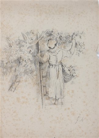 ARTISTA DEL XX SECOLO Donna sulla scala. Matita su carta. Cm 24,00 x 33,00.