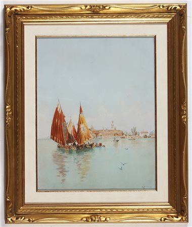 MAINELLA CESARE (1888 - 1975) Vele nel golfo. Acquarello su carta. Cm 46,00 x...