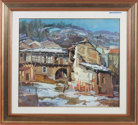 MARI ALDO (1913 - 1988) Paese. Olio su tela . Cm 66,00 x 76,00. Firma in...