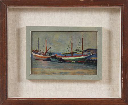 MUSITELLI GIULIO VITO (1901 - 1990) Porto di Ischia. 1955. Olio su tavola. Cm...