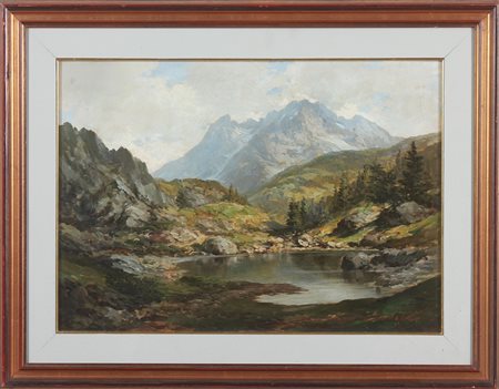 BONACINA GIOVANNI Paesaggio con lago. Olio su tavola. Cm 70,00 x 50,00. Firma...